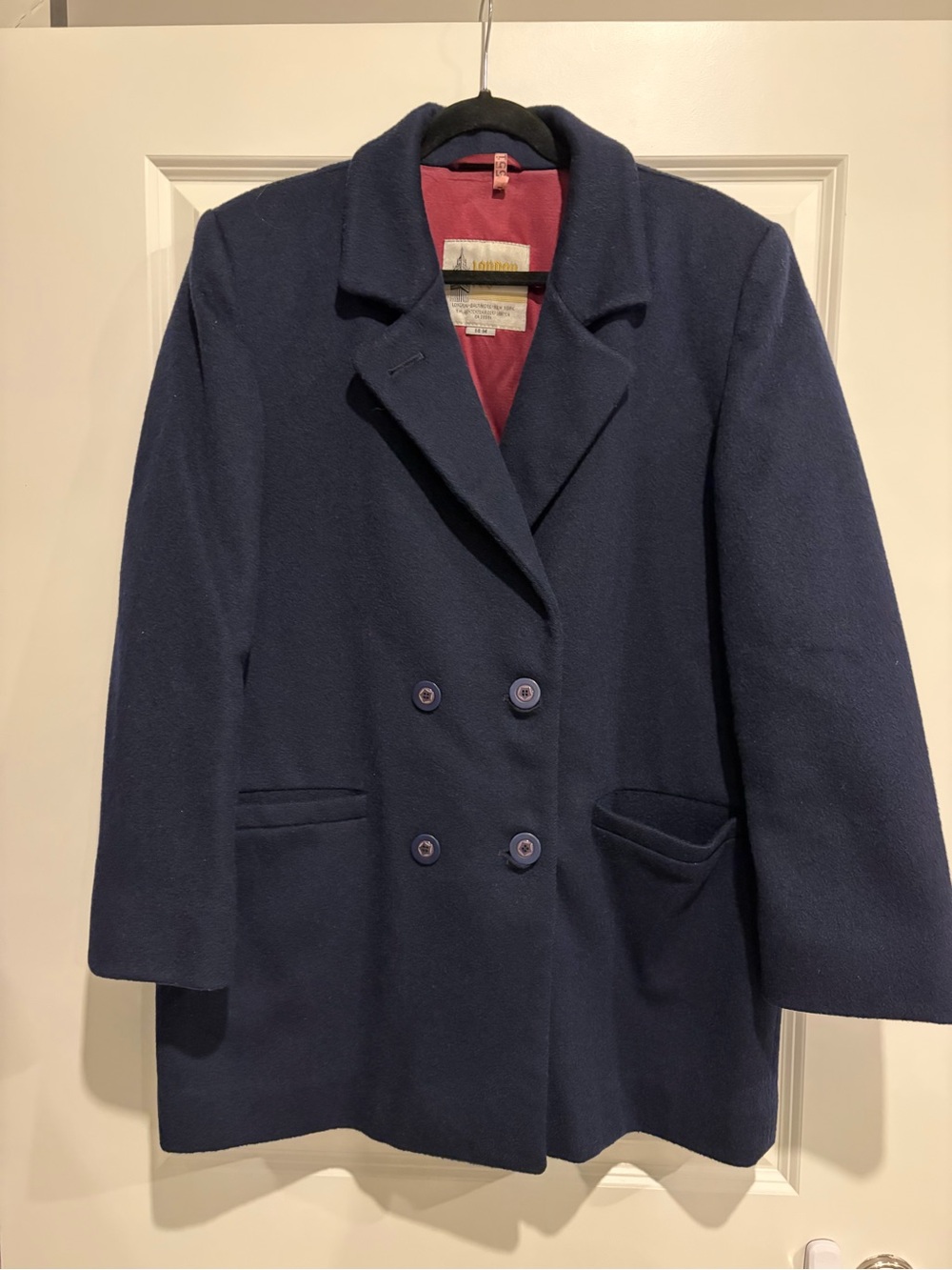 London Fog Navy Double-Breasted Pea Coat with Red Lining